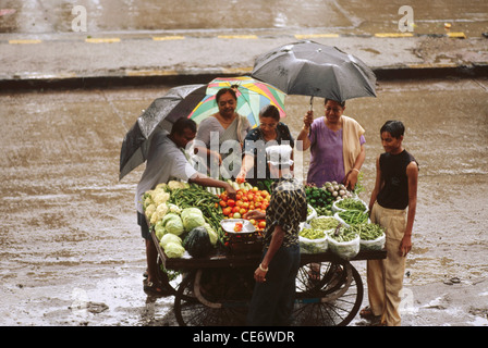 RMM 85260: Handwagen Gemüsehändler verkaufen Tomaten Kohl Grüns in Monsun Bombay Mumbai Maharashtra Indien Stockfoto
