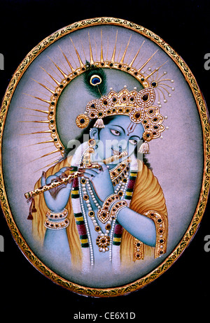 BDR 83490: Miniaturmalerei von Gott Krishna spielen Musikinstrument Querflöte bansuri Stockfoto