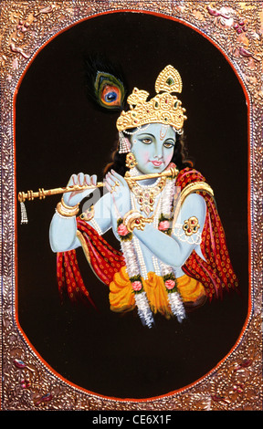 Miniaturmalerei; Lord Krishna spielt Musikinstrument Flöte; indien; asien Stockfoto