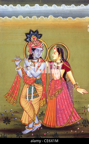 BDR 83493: Miniaturmalerei Gott Krishnas Flötenspiel Musikinstrument mit seinem größten Anhänger Radha Indien Stockfoto