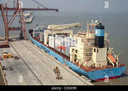 Krane laden Container in Schiff für den Export aus Nhava Sheva Port ; JNPT ; Jawaharlal Nehru Port ; Bombay ; Mumbai ; Maharashtra ; Indien ; Asien Stockfoto