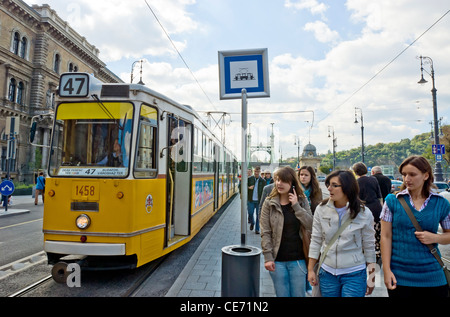 Straßenbahnen auf Vamhaz körút vor Corvinus Universität, Fovam ter, Pest, Budapest, Ungarn. Stockfoto