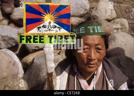 RSC 81746: Tibetische Frau free Tibet Flagge; Free Tibet Tag 10 th März; Dharamshala; Himachal Pradesh; Indien Stockfoto