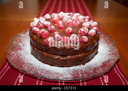 Ganz leckeren Geburtstagskuchen mit Schokoladenganache und Himbeeren mit Puderzucker bestäuben. Stockfoto