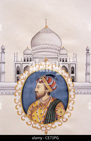 Moghul-Kaiser ; Shah Jahan ; Miniaturmalerei mit Taj Mahal im Hintergrund ; Indien ; Asien ; Shahab ud din Muhammad Khurram ; Stockfoto