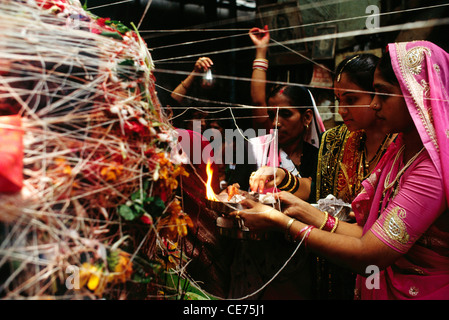 RVA 83067: indische Frauen beten an einen Baum in der Feier der Mehrwertsteuer Poornima Festival Indien Stockfoto