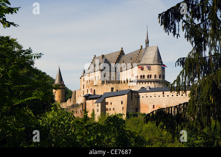 Vianden, mittelalterliche Burg auf dem Berg in Luxemburg oder Letzebuerg, Blick durch die Bäume - horizontales Bild Stockfoto