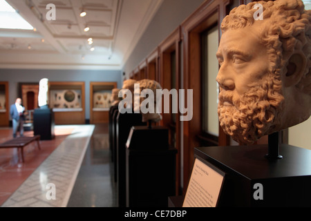 USA, Kalifornien, LA, Pacific Palisades, römische Marmorstatue der Kopf eines bärtigen Mannes Displays in der Ausstellung Hall von Getty Villa Stockfoto