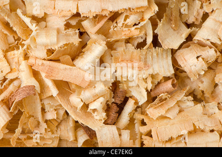 Hintergrund der goldenen Locken von Holzspänen. Stockfoto