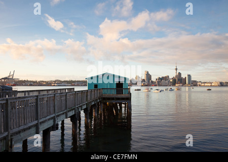 Dawn Blick auf Hafen und Stadt Skyline von Devonport Waterfront. Auckland, Nordinsel, Neuseeland Stockfoto