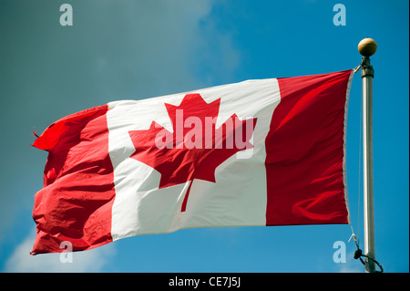 Canadian National Flagge am Fahnenmast weht im Wind. Stockfoto