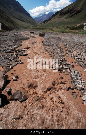 Fluss unter dem Gipfel des Aconcagua, der höchste Gipfel in den Anden, Parque Nacional Aconcagua, Argentinien Stockfoto