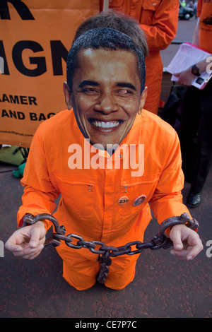 Proteste am Tag, dass Präsident Barack Obama für einen Staatsbesuch in London ankommt. Gratis Shaker Aamer Kampagne. Stockfoto