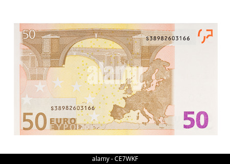 50 Euro-Banknote auf weißem Hintergrund Stockfoto