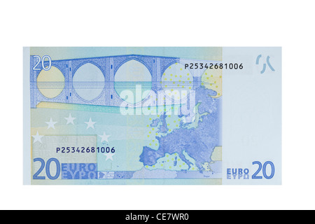 20 Euro-Banknote auf weißem Hintergrund Stockfoto