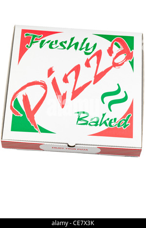 Pizzakarton auf weißem Hintergrund Stockfoto