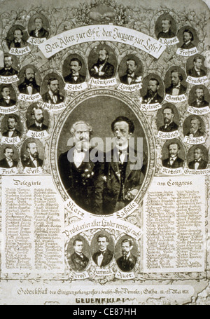 Deutschland. Kongress der Gotha, 1875. Erinnerung-Blatt mit Porträt von Marx und Lassalle in den Mittelpunkt. Stockfoto