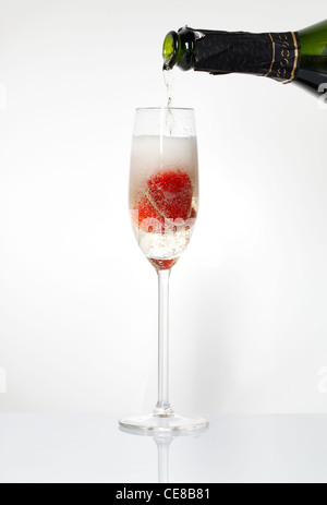 Glas Sekt und Erdbeeren auf weißem Stockfoto