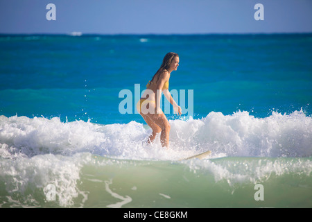 junge Frau Surfen auf hawaii Stockfoto