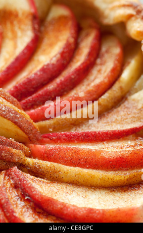 Frische rote Apfelscheiben hautnah in einer Apfeltorte mit Zucker und Zimt im Teig gebacken Stockfoto