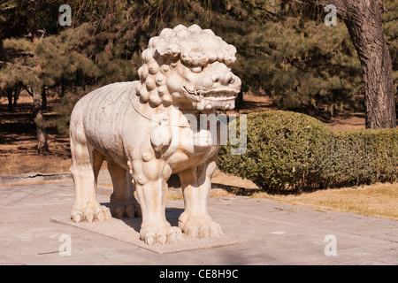 Löwe Skulptur auf dem Heiligen oder Geist Weg führt zu den Ming-Gräbern außerhalb von Peking, China. Stockfoto