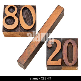 Pareto-Prinzip oder die 80-20 Regel auf isolierte Vintage Holz Buchdruck Blöcke dargestellt Stockfoto