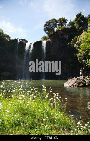 Eine Person, die an der Basis der Whangarei Falls auf der Hatea River, Northland, Nordinsel, Neuseeland. Stockfoto
