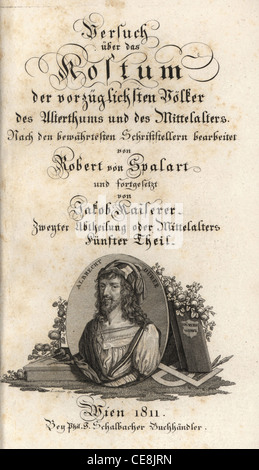 Kalligraphische Titelblatt mit Vignette Porträt von Albrecht Dürer. Stockfoto