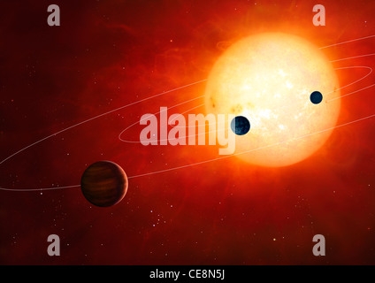 Kunstwerk hypothetisches Planetensystem um sonnenähnlichen Stern das Planetensystem umfasst gasförmige Gesteinsplaneten in engen Bahnen. Stockfoto