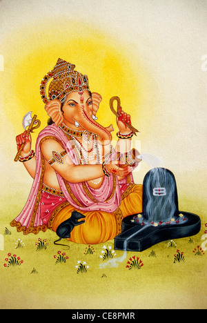 BDR80471: Lord Ganesh beten Angebot Milch zu Gott Shiva Shivling Miniaturmalerei auf Papier Stockfoto