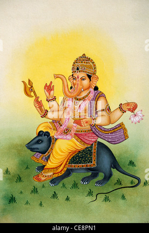 Lord Ganesh Ganpati sitzt auf einer Mausratte vier Hände Miniaturgemälde Indien Indisch Stockfoto