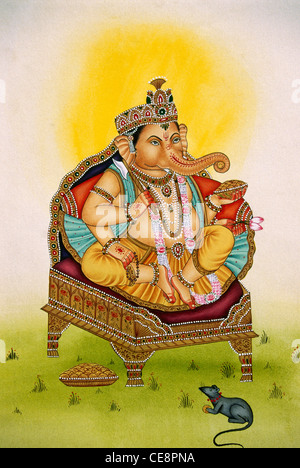 BDR80475: indische Lord Ganesh auf Thron mit Maus Miniaturmalerei Indien Stockfoto