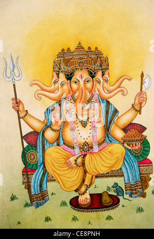 BDR80477: Panchmukhi fünf Gesichter der Lord Ganesh sitzt auf einem Thron indische Miniaturmalerei Indien Stockfoto