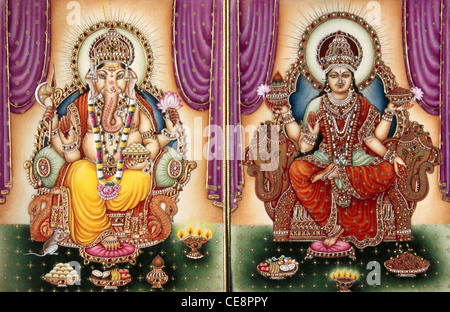 Lord Ganesh und indische Göttin des Reichtums Lakshmi sitzen auf dem Thron Miniaturgemälde auf elfenbeinindien, dpa 80487 bdr Stockfoto