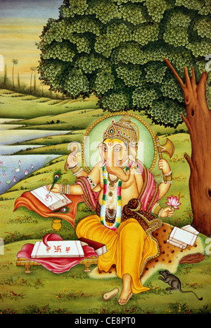 Lord Ganesh Ganpati schreiben Schriften unter Baum in der Nähe von Teich in indische Miniaturmalerei auf Papier Indien sitzt Stockfoto