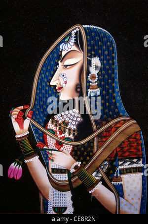 Göttin Radha in Schleier Kishangarh Miniaturmalerei auf Seide Stockfoto