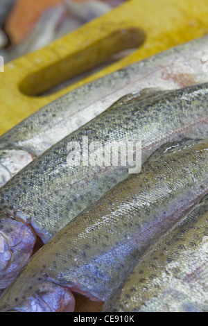 Frischer Fisch auf dem Display am Stall in einem lokalen Markthalle in England Stockfoto