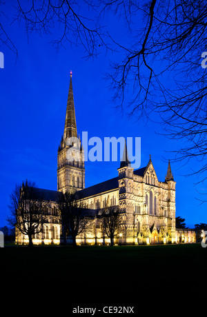 Die beleuchteten Westfront und Turm der mittelalterlichen Kathedrale von Salisbury, Wiltshire, England, UK in der Dämmerung. Stockfoto