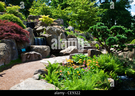 Ein kleiner Wasserfall im Steingarten an der RHS Wisley, Surrey, England, UK Stockfoto