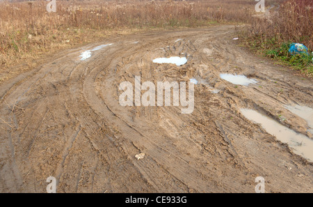 Spuren von Pkw-Reifen auf der nassen Felder Straße Stockfoto
