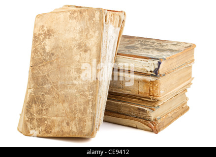 Alte Bücher von unterschiedlicher Form und Farbe. Isoliert auf weißem Hintergrund. Stockfoto