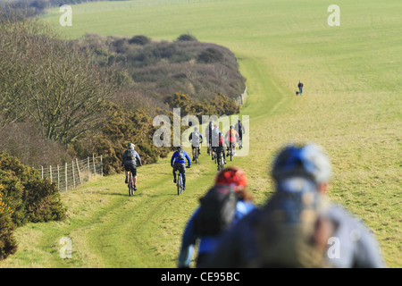 Jugendliche auf Mountain Bikes Fahrräder off-Road in einem Feld Radfahren trail Maultierweg South Downs National Park Stockfoto