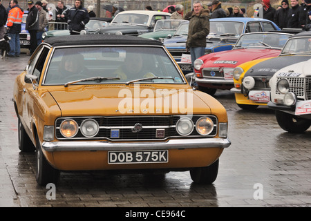 Rallye Monte Carlo Wettbewerber in einem Mk3 Ford Cortina in Clydebank, Glasgow, Schottland, Großbritannien Stockfoto
