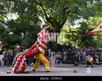 dh Kowloon Park Kampfkunst TSIM SHA TSUI HONGKONG Chinesische Jungen traditionellen Löwentanz zeigen Touristenmenge Jungen Tradition china im Fernen Osten Stockfoto