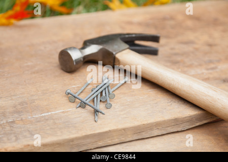 USA, Illinois, Metamora, Hammer und Nägeln auf Holz Stockfoto