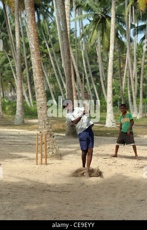 Eine Gruppe von jungen Kindern spielen Cricket im Schatten der Palmen im Süden westlich von Sri Lanka, in der Nähe der Stadt Matara. Stockfoto