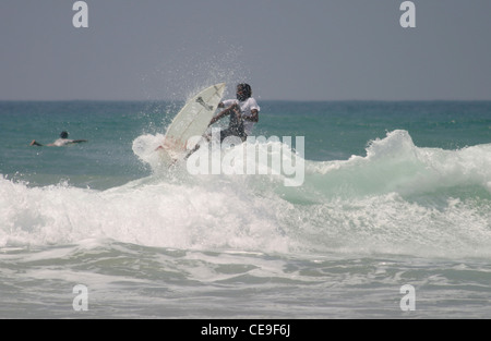 Lokale Sri Lankan Surfer Wellenreiten in Hikkaduwa am Main Reef, South West Sri Lanka Stockfoto