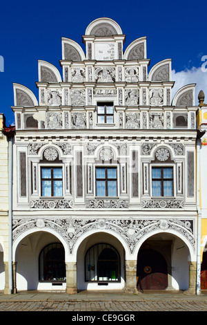 Fassade des Hauses in der Stadt Telc, Tschechische Republik Stockfoto