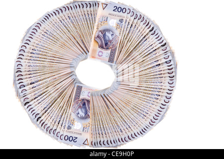 Auswahl an polnischen Banknoten 200 Zloty isoliert auf weißem Hintergrund Stockfoto