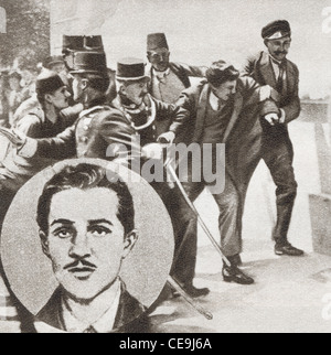 Die Polizei verhaftete Gavrilo Princip, 1894-1918. Bosnischen Serben ermordet Erzherzog Franz Ferdinand von Österreich und seine Frau Stockfoto